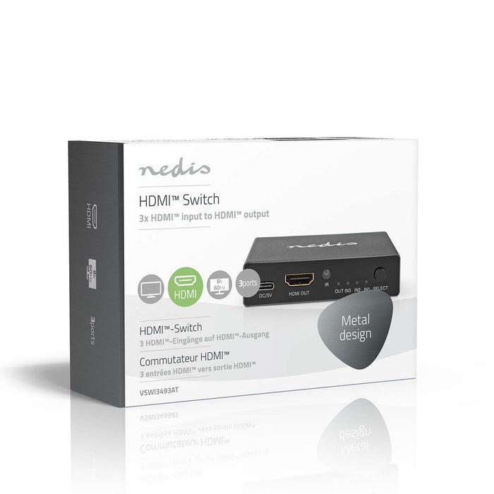 Nedis HDMI Switch - 3 port(s), 3x HDMI Input, HDMI Output, Aluminium - Anthracite