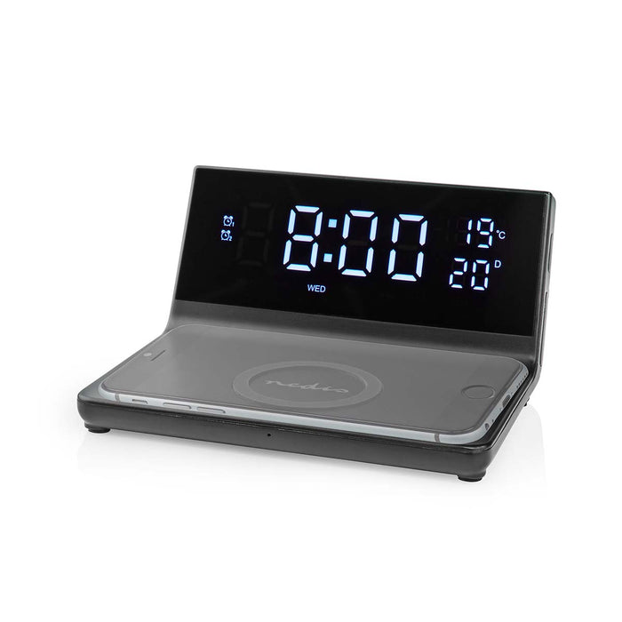 Nedis Alarm clock with wireless charging - Qi certified, 5 / 7.5 / 10 / 15 W, USB-A Male, 2 Alarm Times - Snooze function