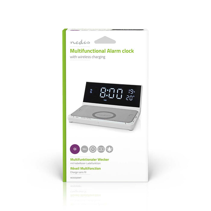 Nedis Alarm clock with wireless charging - Qi certified, 5 / 7.5 / 10 / 15 W, USB-A Male, 2 Alarm Times - Snooze function