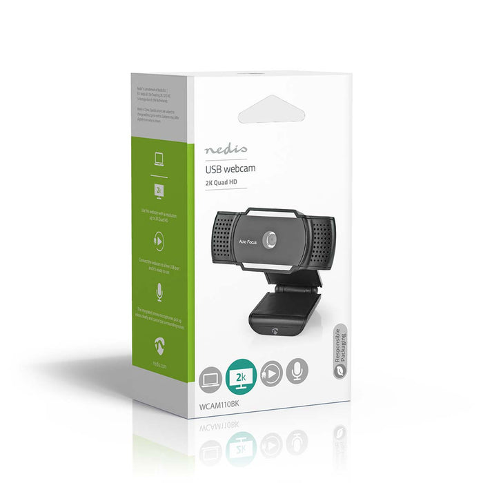 Nedis Webcam - 2K@30fps, Auto Focus, Built-In Microphone, Built-In Microphone - Black