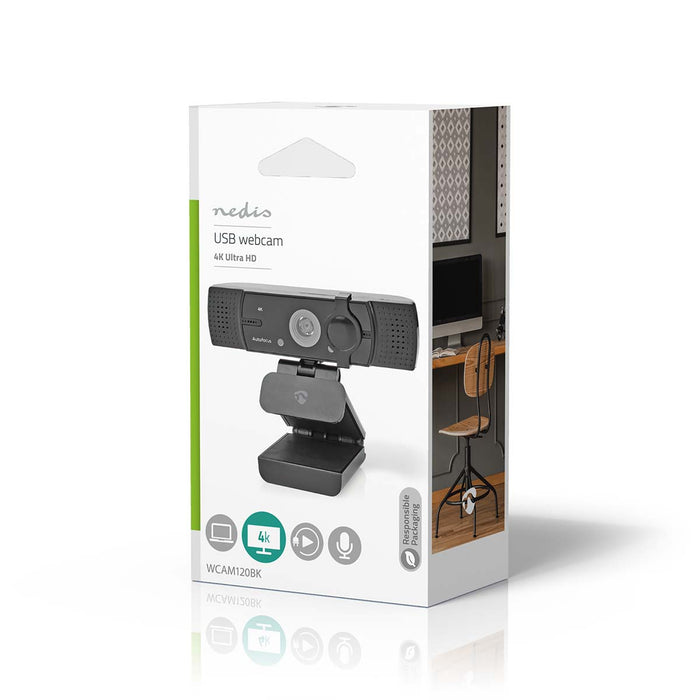 Nedis Webcam - Full HD@60fps / 4K@30fps, Auto Focus, Built-In Microphone, Built-In Microphone - Black