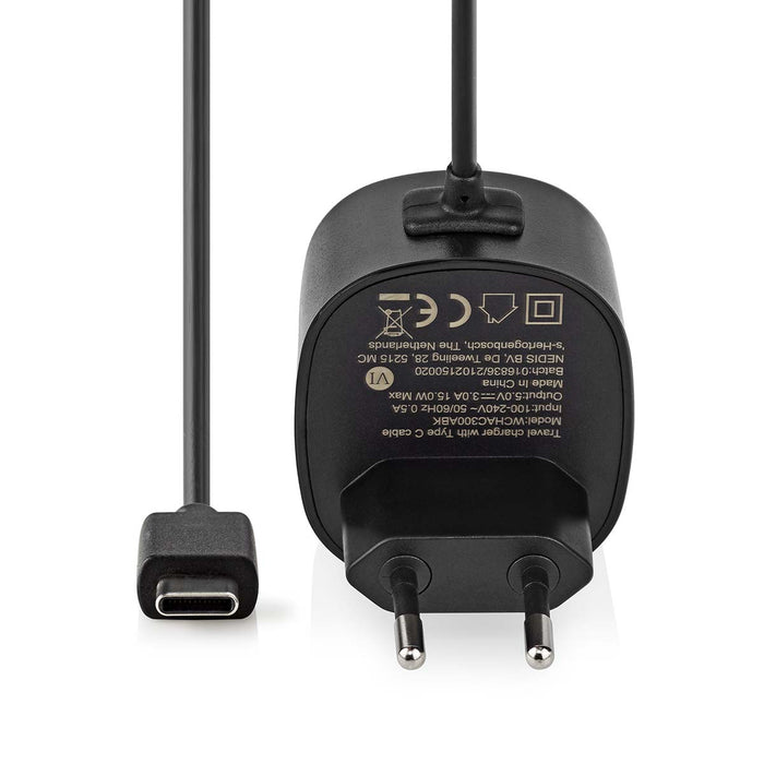 Nedis Wall Charger - 1x 3.0 A, Number of outputs: 1, USB-C (Fixed) Cable, 15 W - Single Voltage Output