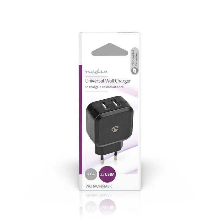 Nedis Wall Charger - 2x 2.4 A, Number of outputs: 2, Port type: 2x USB-A, 24 W - Single Voltage Output