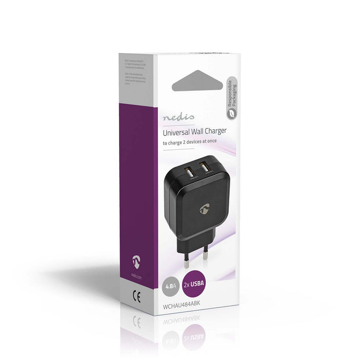 Nedis Wall Charger - 2x 2.4 A, Number of outputs: 2, Port type: 2x USB-A, 24 W - Single Voltage Output