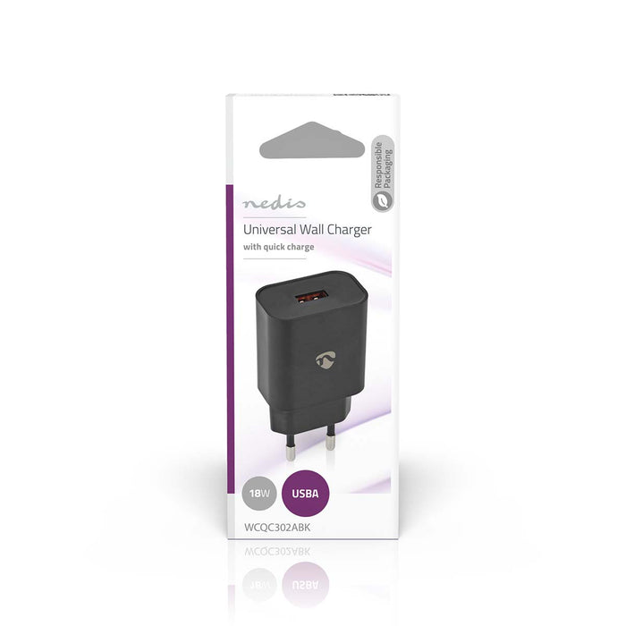 Nedis Wall Charger - 1x 3.0 A, Number of outputs: 1, Port type: 1x USB-A, 18 W - Automatic Voltage Selection