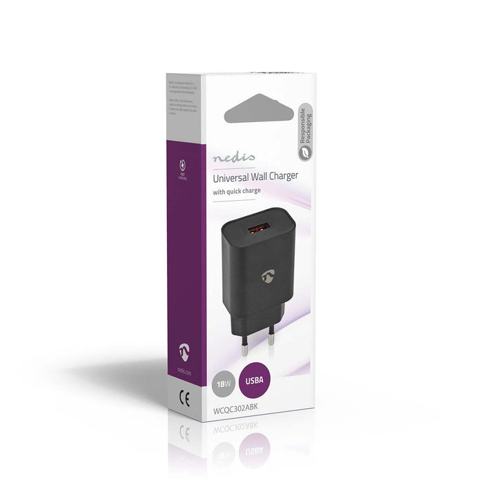 Nedis Wall Charger - 1x 3.0 A, Number of outputs: 1, Port type: 1x USB-A, 18 W - Automatic Voltage Selection