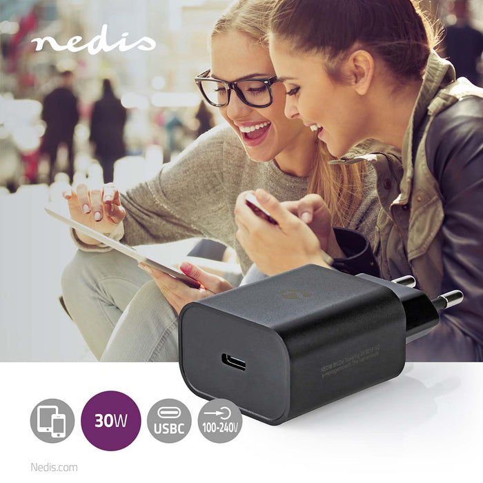 Nedis Wall Charger - 1.5 A / 2.0 A / 2.5 A / 3.0 A, Number of outputs: 1, Port type: 1x USB-C, 15 / 27 / 30 / 32 W - Automatic Voltage Selection