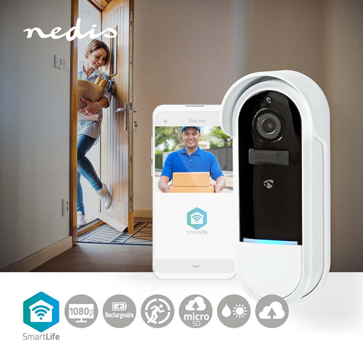 Nedis SmartLife Video Doorbell - Wi-Fi, Battery Powered / Transformer, Full HD 1080p, Night vision - White