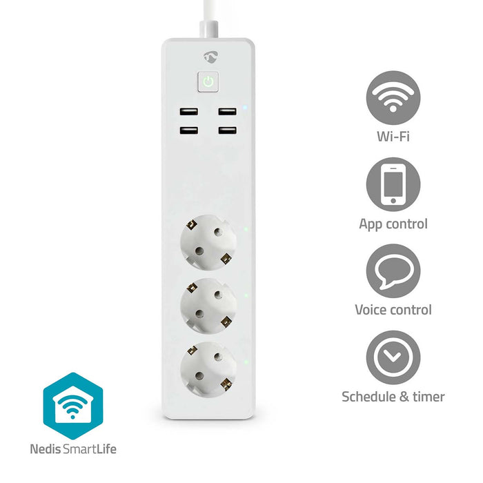 Nedis SmartLife Power Strip - Wi-Fi, 3x Plug with earth contact (CEE 7/3) / 4 x USB, 16 A, Android / IOS - White