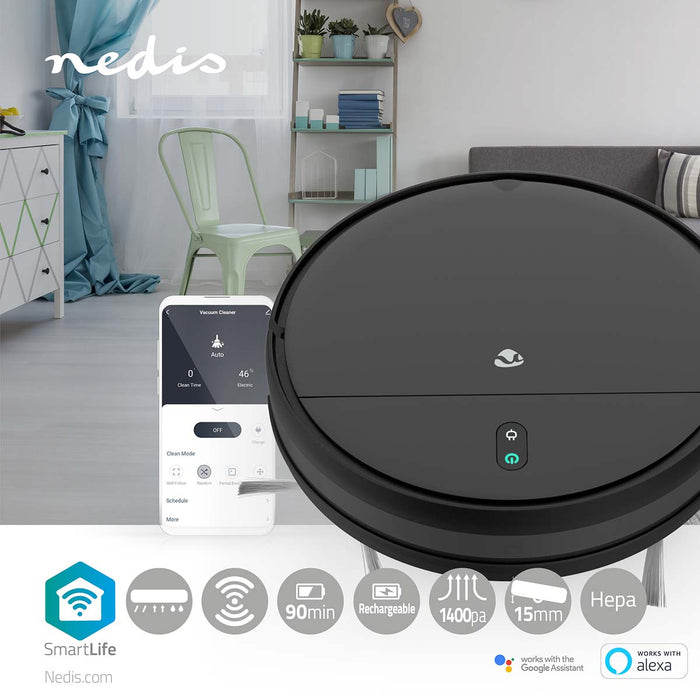 Nedis SmartLife Robot Vacuum Cleaner - Random, Wi-Fi, Capacity collection reservoir: 0.2 l, Black - Android / IOS