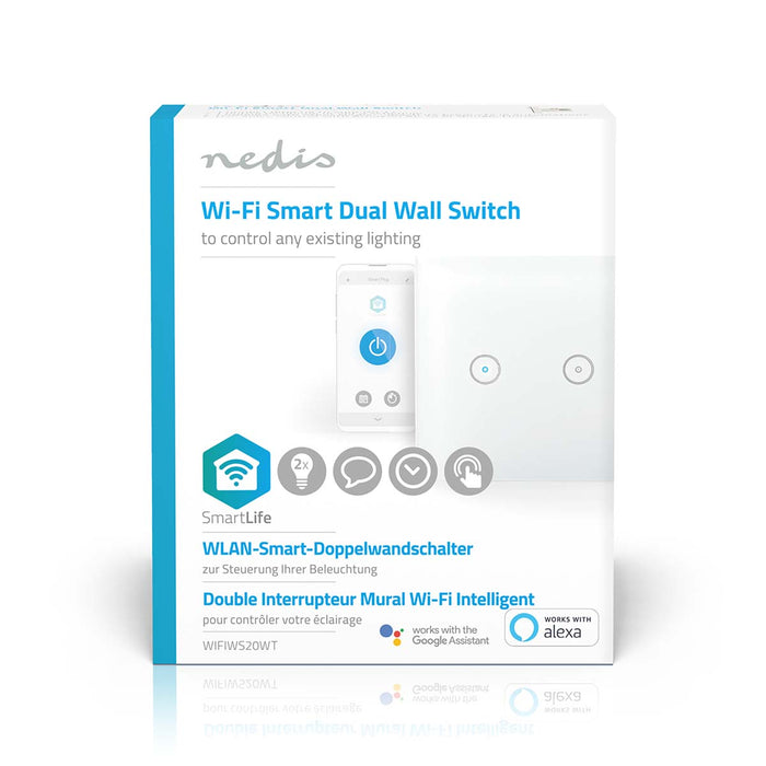 Nedis SmartLife Wall Switch - Wi-Fi, Dual, Wall Mount, Glass - White