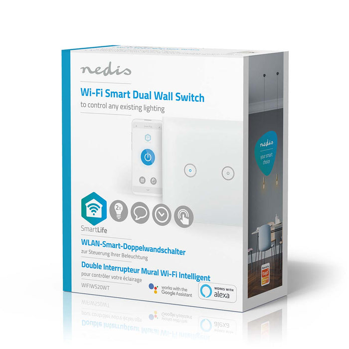 Nedis SmartLife Wall Switch - Wi-Fi, Dual, Wall Mount, Glass - White