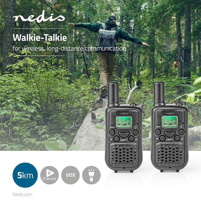 Nedis Walkie-Talkie Set - 2 Handsets, Up to 5 km, Frequency channels: 8, up to 2.5 Hours - Black