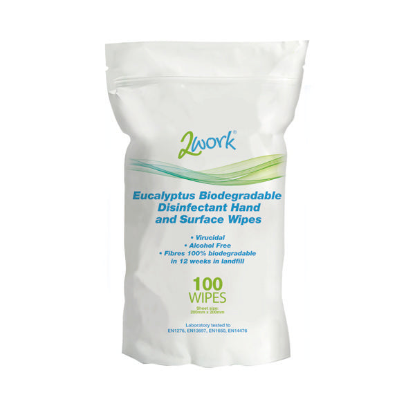 2Work Biodegradable Eucalyptus Hand/Surface Disinfectant Wipes (Pack of 100) 2W09161