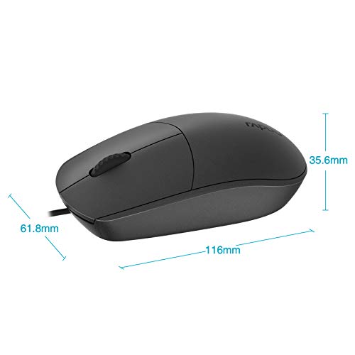 Rapoo N100 Ambidextrous Wired Optical 1600 DPI Mouse 3 Buttons Including 2D Non Slip Scroll Wheel High Resolution Ergonomic Design