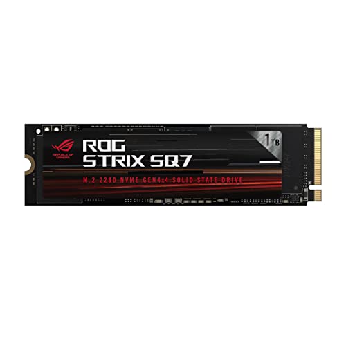 ROG Strix SQ7 1TB M.2 PCIe Gen4 NVMe internal SSD with DRAM buffering and large SLC cache, enabling up to 7000 MB/s transfer speeds, compatible with PC and PlayStation 5 and featuring TCG Opal and AES 256-bit encryption plus NTI Backup