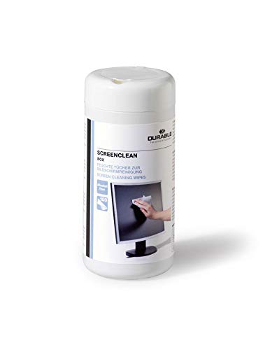 Best Value DURABLE SCREENCLEAN Tub of 100 Alcohol-Free Screen Clean Wipes for Streak-Free Cleaning of Monitors, Laptops, TVs, Printers, Photocopiers, etc.