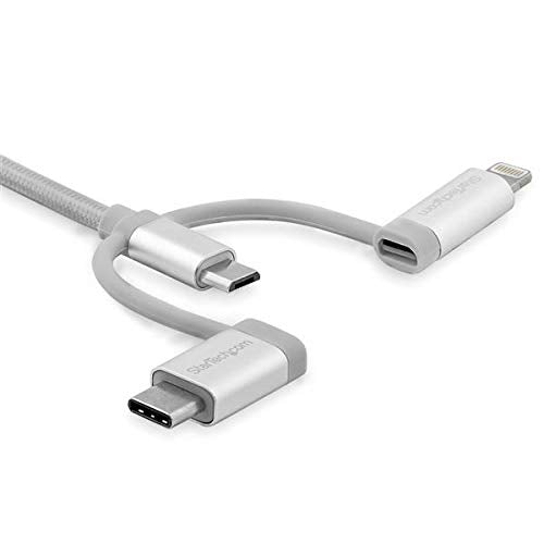 StarTech.com USB Multi Charging Cable - 6.6 ft / 2m - Lightning/USB-C/Micro-USB - Braided - MFi Certified - USB 2.0-3 in 1 Charging (LTCUB2MGR)