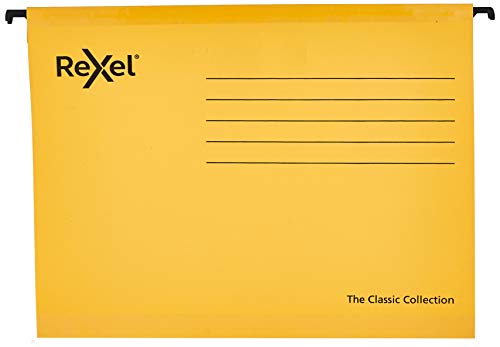 Rexel 2115588 Classic Reinforced A4 Suspension File, 150 Sheet Capacity, 15 mm V-Base Recycled Card, Pack of 25, Yellow