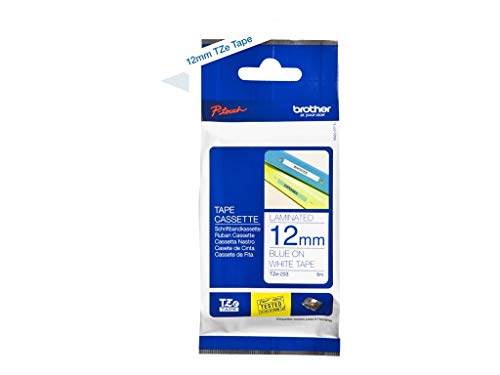 Best Value Brother TZe-233 Labelling Tape Cassette, 12 mm (W) x 8 m (L), Laminated, Brother Genuine Supplies - Blue on White