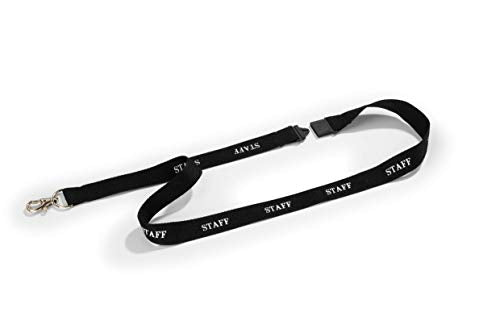 Durable 823901 Lanyard with Carabiner, Black with White Print Staff, Pack of 10