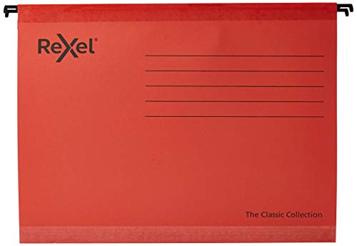 Rexel 2115589 Classic Reinforced A4 Suspension File, 150 Sheet Capacity, 15 mm V-Base Recycled Card, Pack of 25, Red