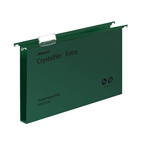 Best Value Rexel 70631 Crystalfile Extra Foolscap Suspension File, 300 Sheet Capacity, 30 mm Squared Base Polypropylene, Green, Pack of 25