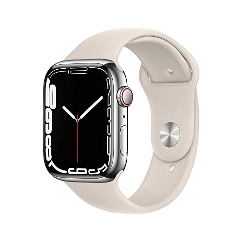 Apple Watch Series 7 (GPS + Cellular) - 45 mm - silver stainless steel - smart watch with sport band - fluoroelastomer - starlight - band size: Regular - 32 GB - Wi-Fi, Bluetooth - 4G - 51.5 g