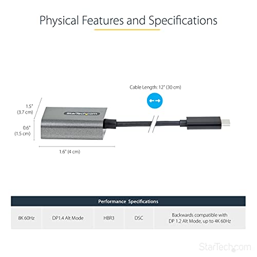 StarTech 8K 60Hz USB C to DisplayPort 1.4 Adapter 12 Inch Cable