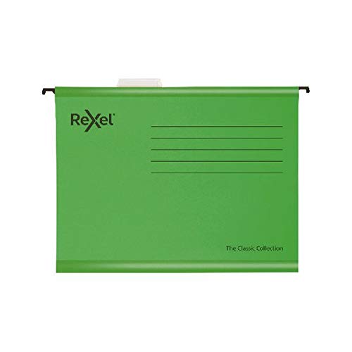 Rexel 2115591 Classic Reinforced Foolscap Suspension File, 150 Sheet Capacity, 15 mm V-Base Recycled Card, Pack of 25, Green