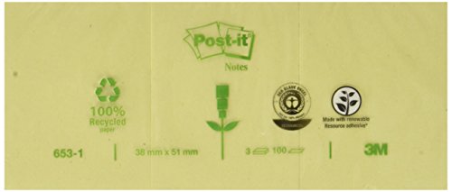 Best Value Post-it 6551GE Recycled Notes Pack of 3 Blocks each with 100 Sheets 127 x 76 mm, Yellow 51 x 38 mm