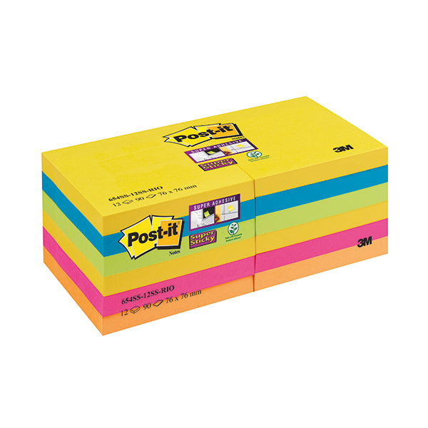 Post-It Super Sticky Notes 76x76mm Rio (Pack of 12) 654-12SS-RIO