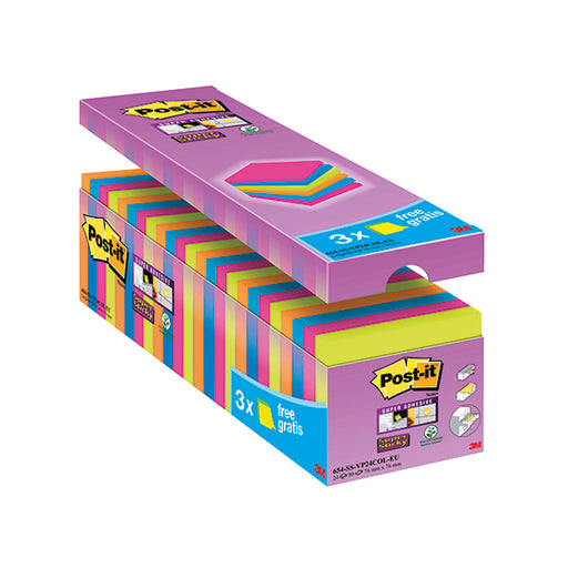 Post-it Super Sticky 76x76mm Assorted (Pack of 24) 654-SS-VP24COL-EU