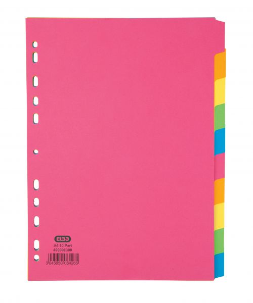 Elba Bright Coloured Card Dividers A4 Multipunched 10 Part 400008300