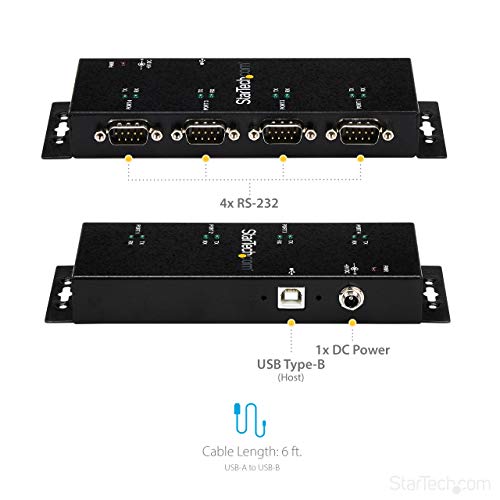 StarTech.com 4 Port USB to Serial RS232 Adapter - Wall Mount - Din Rail - COM Port Retention - FTDI USB to DB9 RS232 Hub (ICUSB2324I)