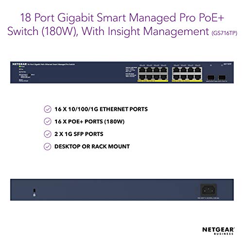 NETGEAR GS716TP - 16-port Gigabit Ethernet PoE+ Smart Managed Pro Switch with 2 SFP Ports and Cloud Management - Switch - smart - 16 x 10/100/1000 (PoE+) + 2 x 1000Base-X SFP (uplink) - rack-mountable - PoE+ (180 W)