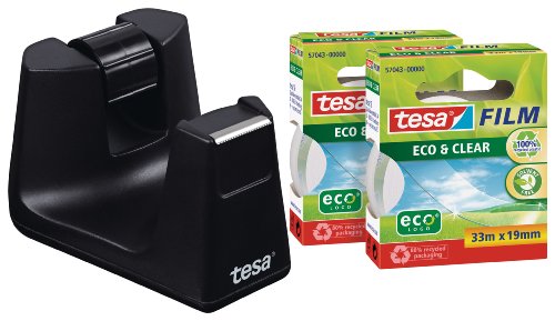 Best Value tesafilm Desk Dispenser for Adhesive Tape- Black includes 2 rolls of tesafilm Eco and Clear 33 m x 19 mm