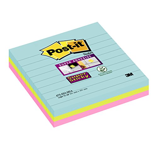 Best Value Post-it 675-S3M Super Sticky Note Pad, Multicolour, 101 x 101 mm (3 Lined Pads, 70 Sheets Per Pad)