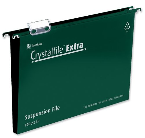 Rexel 3000112 Crystalfile Extra Foolscap Suspension File, 500 sheet Capacity, 50 mm Squared Base Polypropylene, Pack of 25, Green