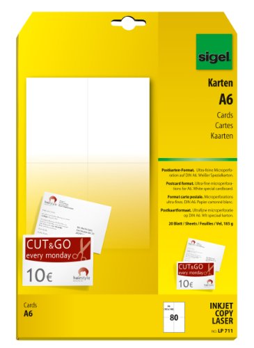 Best Value SIGEL LP711 Postcards / Invitation Cards, A6, 185 gsm, 80 pcs. = 20 sheets, white