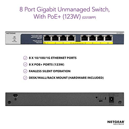 NETGEAR GS108PP - Switch - 8 x 10/100/1000 (PoE+) - desktop, rack-mountable, wall-mountable - PoE+ (123 W) - DC power