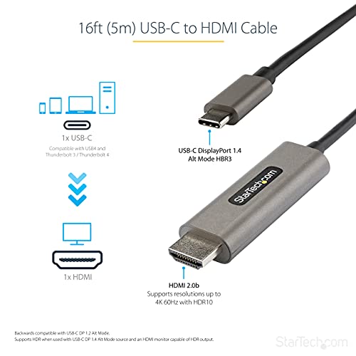 StarTech 5m USB C to 4K 60Hz HDR10 HDMI Video Adapter Cable