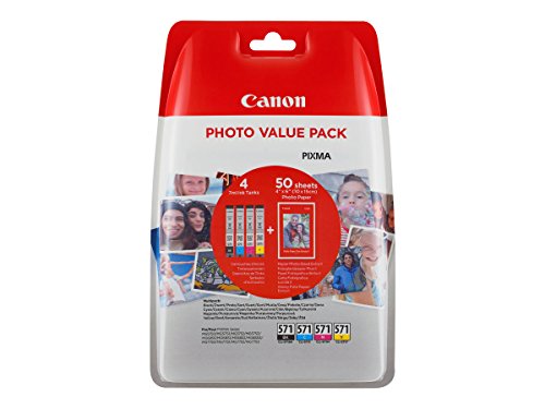 Canon CLI-571 C/M/Y/BK Photo Value Pack - 4-pack - 7 ml - black, yellow, cyan, magenta - original - 100 x 150 mm 50 sheet(s) ink tank / paper kit - for PIXMA TS5051, TS5053, TS5055, TS6050, TS6051, TS6052, TS8051, TS8052, TS9050, TS9055