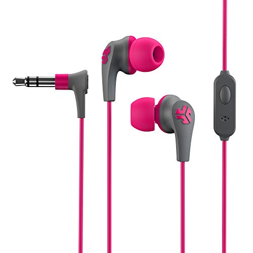 JLab Audio JBuds Pro Wired Sports Headset In Ear Plug And Play 3.5mm Audio Jack with Microphone  Adjustable Tip Placement Cush Fin Technology Pink Gre