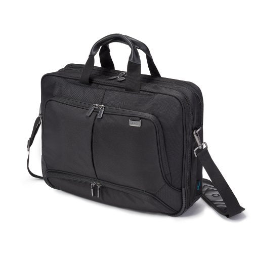 DICOTA Top Traveller PRO Laptop Bag 17.3" Black. Professional toploader bag that comes with a lockable and cushioned notebook compartment (Memory Foam and EVA frame protection) with fitall system and anti slip technology and EVA moulded slip pocket (nylex material) for iPad and other tablets up to 10". Adjustable carry strap with comfortable shoulder padding and anti slip technology with waterproof material on the bottom. Lifetime Warranty. Top loader bag suitable for laptop sizes: 15" 15.4" 15.