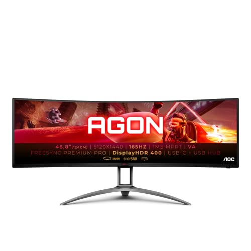 AOC Gaming AG493UCX - AGON Series - LED monitor - curved - 49" - 5120 x 1440 Dual Quad HD @ 120 Hz - VA - 550 cd/mï¿½ - 3000:1 - DisplayHDR 400 - 1 ms - 2xHDMI, 2xDisplayPort, USB-C - speakers - black, silver