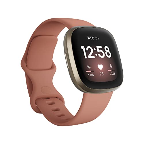 Fitbit Versa 3 - Soft gold aluminium - smart watch with band - silicone - pink clay - band size: S/L - Wi-Fi, NFC, Bluetooth