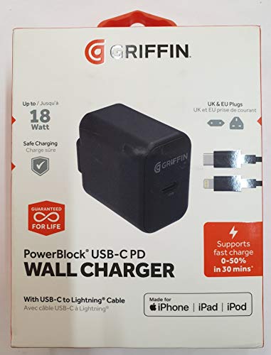 Griffin PowerBlock - Power adapter - 18 Watt - PD (USB-C) - black - EMEA - for Apple iPad/iPhone/iPod (Lightning)