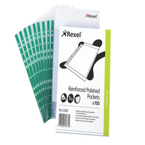 Best Value Rexel 12265 Plastic Pocket Folder, Reinforced A4 Pockets with Green Strip, Clear - Pack of 100