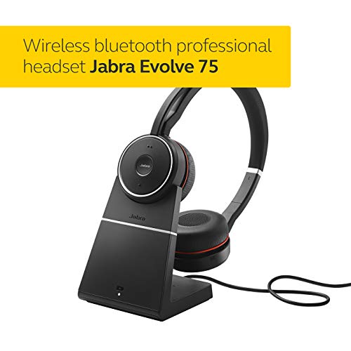 Jabra Evolve 75 UC Stereo Active Noise Cancelling Bluetooth 4.2 Headset Includes Jabra Link 370 USB Adapter and Charging Stand